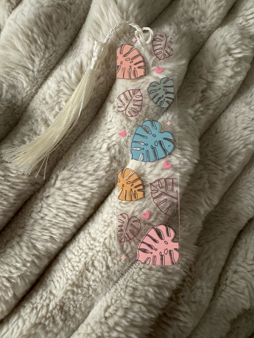 Clear Tassel Bookmark with Pastel Leaf Accents - Pink, Blue, Orange